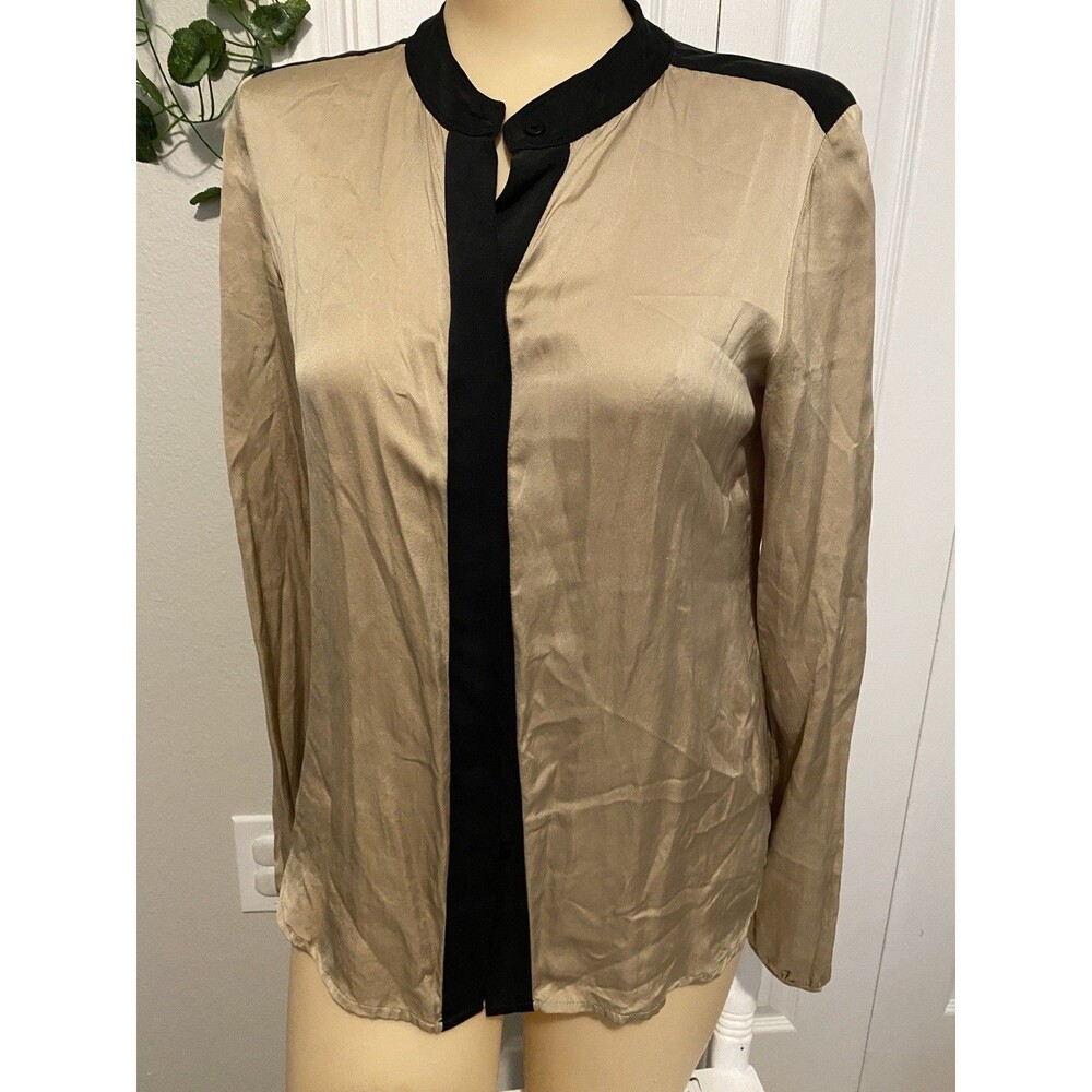 theory 100% silk blouse women size Pt black and tan